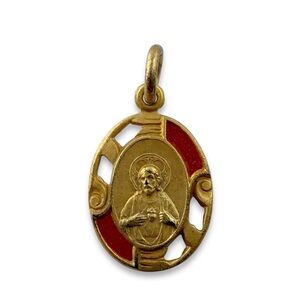 Vintage Sacred Heart of Jesus Red Enamel Brass Plated Oval Pendant Medal Charm